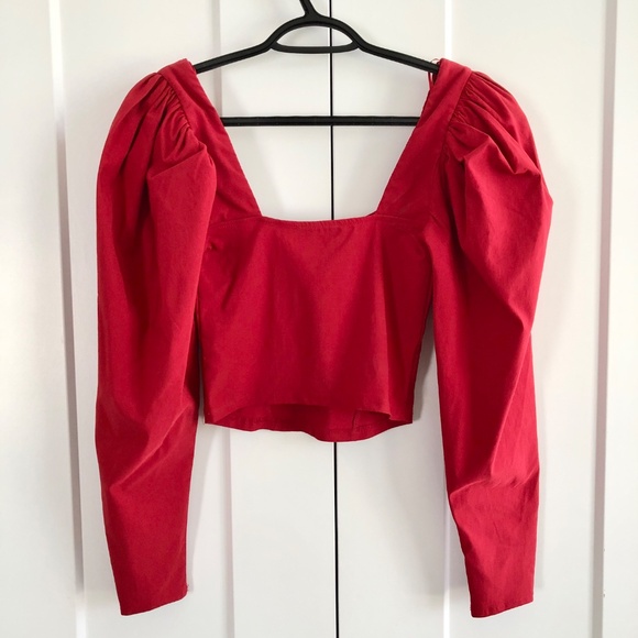 Zara,‎ Red, Long Puffy Sleeves, With Pleats, Fitted, Crop Top, NEW, Size, Small - Picture 2 of 12